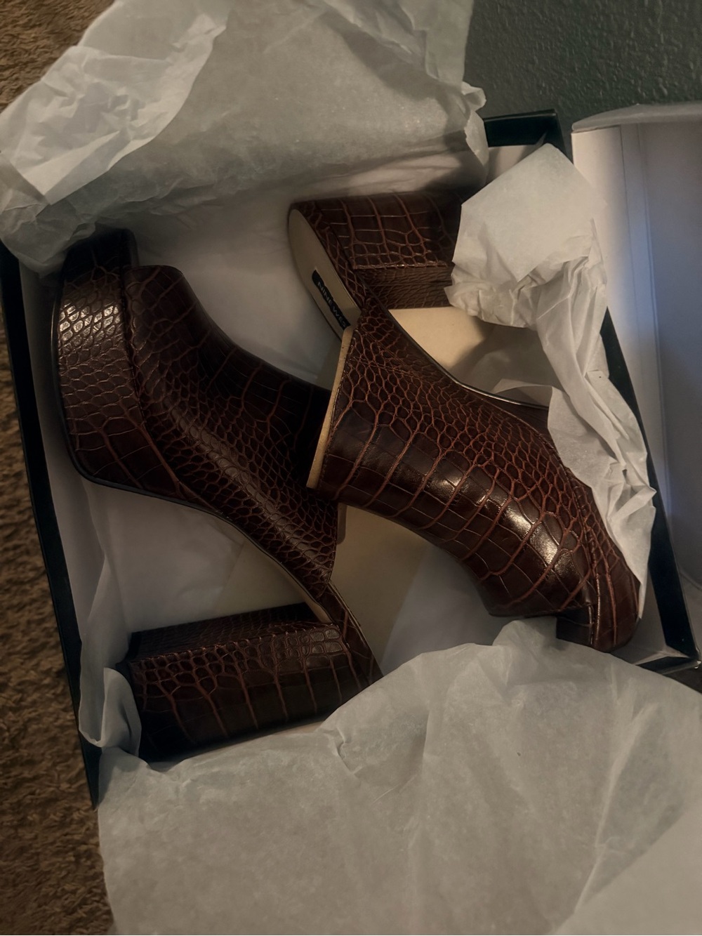 Croc-Embossed Brown Block Heel Ankle Boots